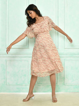 Zink London - Womens Beige Ditsy Print Short Sleeves Midi Dress