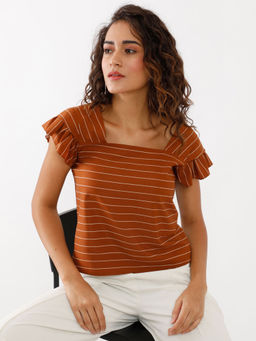 Zink London - Womens Brown Stripes Cap Sleeves Top