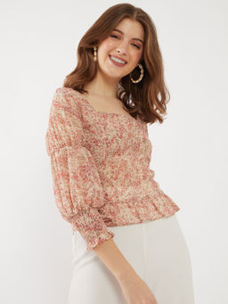 Zink London - Womens Beige Ditsy Print Long Sleeves Top