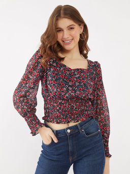 Zink London - Womens Black Floral Print Long Sleeves Top