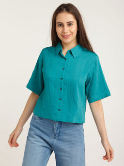 Zink London - Womens Teal Solid Short Sleeves Shirt