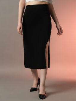 Trend Arrest - Women Black Solid High-Slit Midi Skirt
