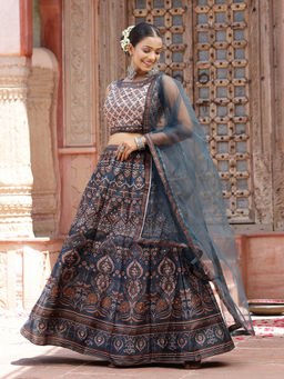 Stylum - Womens Teal Printed- Mirror Work Lehenga with Blouse and Dupatta (Set of 3)