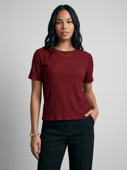 max - Women Textured Red T-Shirt