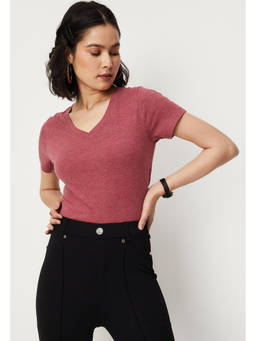 max - Women Solid V-Neck Red T-Shirt