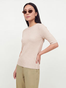 max - Women Ribbed Cream T-Shirt