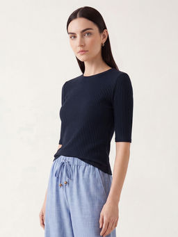 max - Women Ribbed Navy Blue T-Shirt