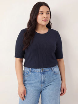 max - Women Ribbed Navy Blue T-Shirt