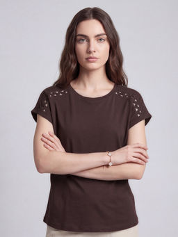 max - Women Solid Brown T-Shirt