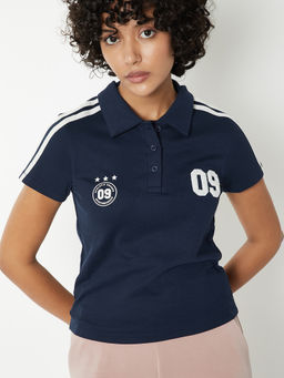 max - Women Navy Blue Polo T-Shirt