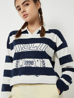 max - Women Striped Johnny Collar Polo T-Shirt