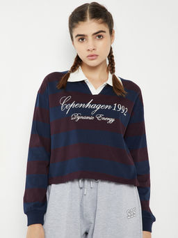 max - Women Striped Johnny Collar Polo T-Shirt