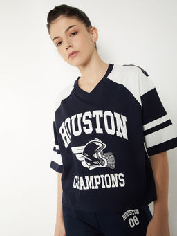 max - Women Printed Navy Blue T-Shirt