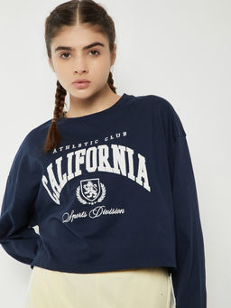 max - Women Applique Boxy Navy Blue T-Shirt