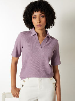 max - Women Textured Johnny Lavender Polo T-Shirt