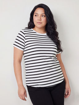 max - Women Striped White T-Shirt