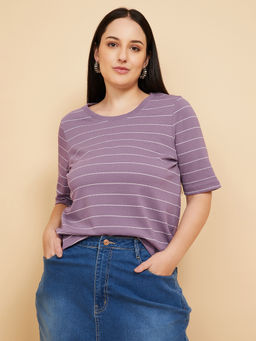 max - Women Striped Lavender T-Shirt