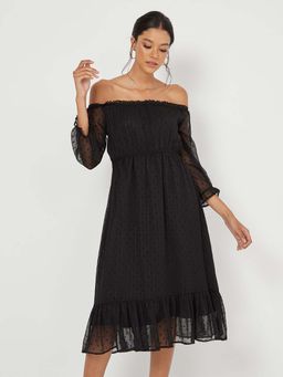 Styli - Black 3/4 Sleeves Off Shoulder Dobby Spot A-line Midi Dress