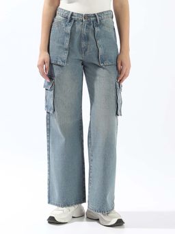 Hubberholme - Women Blue Cotton Wide Leg Regular Jeans