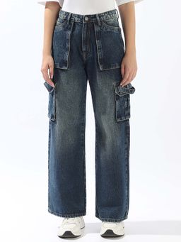 Hubberholme - Women Blue Cotton Wide Leg Regular Jeans