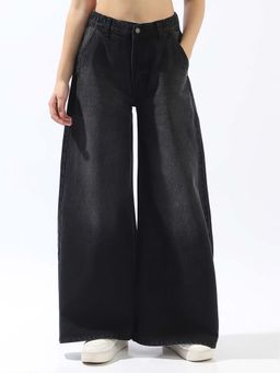 High Star - Women Black Cotton Wide Leg Regular Jeans