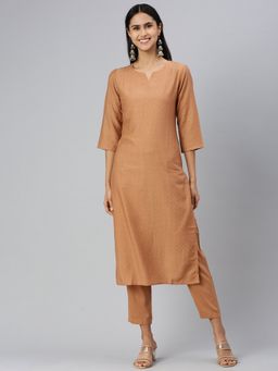 Shaily - Women Brown Viscose Self Design Woven Kurta with Pant (Set of 2)