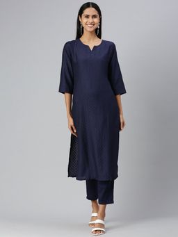 Shaily - Women Navy Blue Viscose Self Design Woven Kurta with Pant (Set of 2)