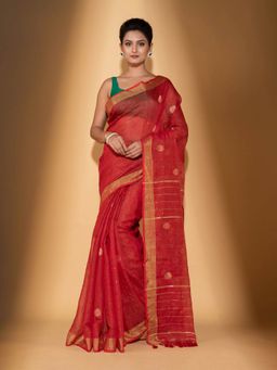Beatitude - Red Blended Cotton Woven Saree with Unstitched Blouse