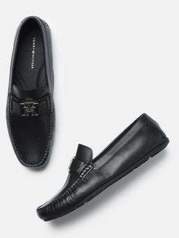 Tommy Hilfiger - Solid Black Leather Slip On Loafers