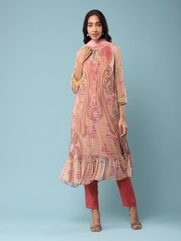 Aarke Ritu Kumar - Pink Paisley Print Kurta with Inner and Pant & Dupatta (Set of 4)