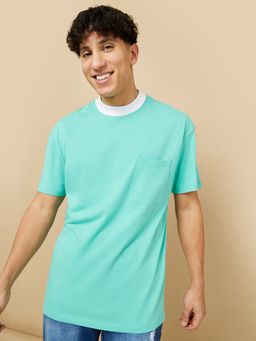 Styli - Turquoise Contrast Neck Oversized T-shirt With Pocket Detail
