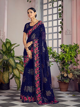 Odette - Navy Blue Georgette Floral Embroidered Saree with Unstitched Blouse (Set of 2)