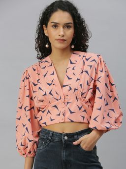 SHOWOFF - Women Plunging Neck Abstract Peach Crop Top
