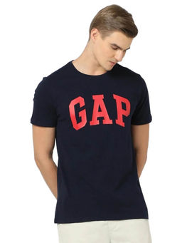 GAP - Men Navy Blue Logo Print Crew Neck T-Shirt