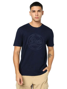 GAP - Men Navy Blue Slim Fit Embroidered Crew Neck T-shirt