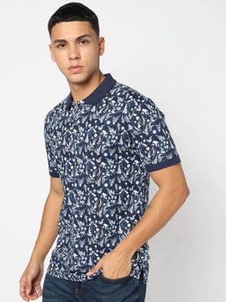 GAP - Men Navy Blue Floral Print Polo T-shirt