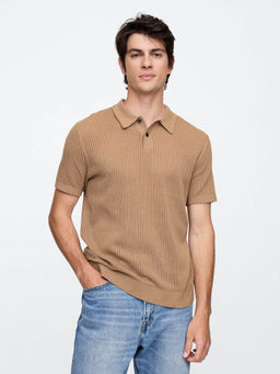 GAP - Men Beige Textured Polo Neck T-shirt