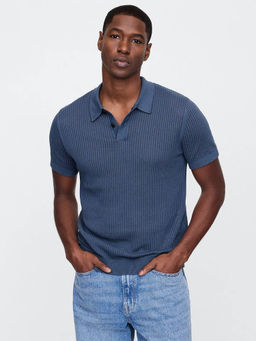 GAP - Men Navy Blue Textured Regular Fit Polo T-shirt