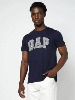GAP - Men Navy Blue Crew Neck Embroidered Logo T-shirt