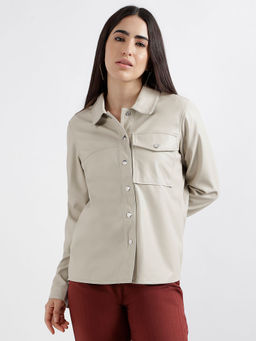 ELLE - Women Beige Solid Spread Collar Full Sleeves Shirt