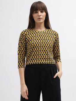 ELLE - Women Mustard Printed Round Neck 3/4Th Sleeves T-Shirt