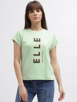 ELLE - Women Green Printed Round Neck Short Sleeves T-Shirt