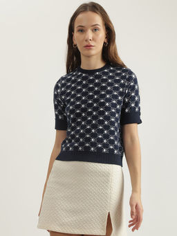 ELLE - Women Navy Blue Printed Round Neck Short Sleeves T-Shirt