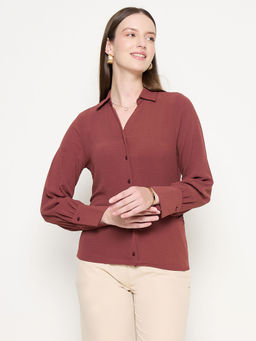 Madame - Button Down Wing Necked Side Ruched Solid Rust Shirt