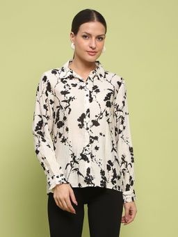 Madame - Floral Print Off White Rayon Blend Shirt for Women