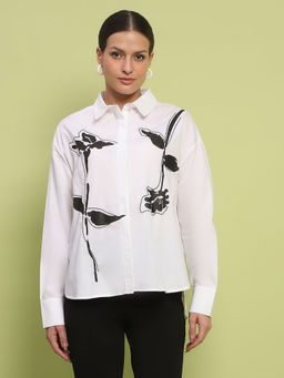 Madame - Placement Printed White Cotton Shirt for Women