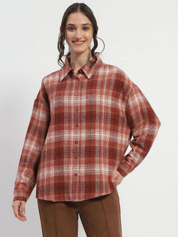 Madame - Chequered Long Sleeved Cotton Brown Shirt for Women