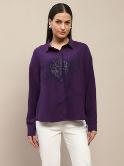 Madame - Purple Print Sequin Embellished Shirt for Women
