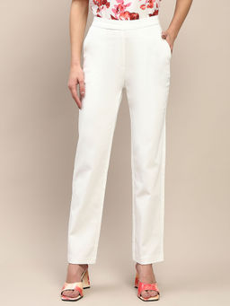 Madame - Cotton Blend Side Zipper and Pocketed White Trousers for Women