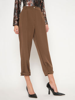 Madame - Buckled Hem Warm Tan Rayon Blend Trousers for Women